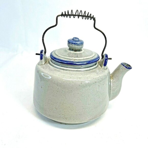 Vintage Gray Ceramic Porcelain Teapot with Wire Handle, Home Sweet Home, Japan - Picture 3 of 7
